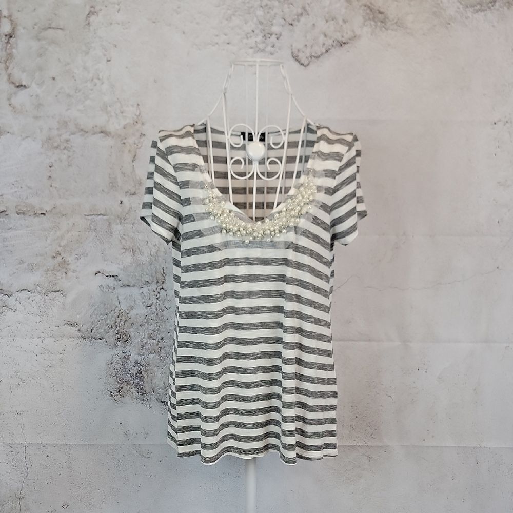 Colette triped Gray and White Women's Top with Pearl Embellishment Size S